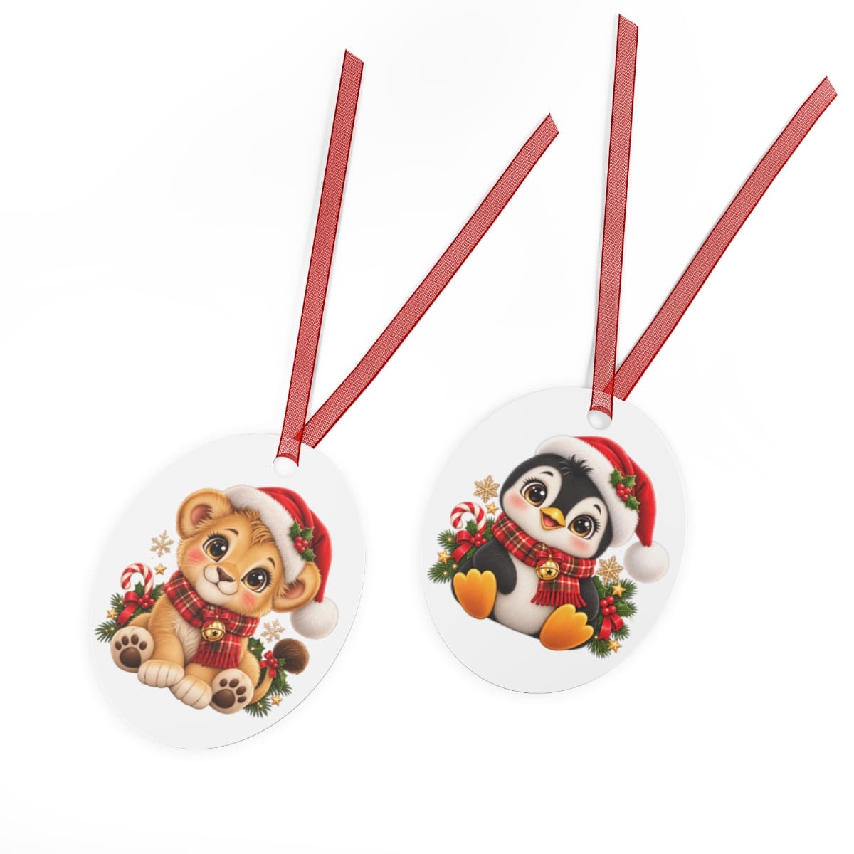 Santa Lion Cub & Penguin — Double-Sided Metal Ornament 4