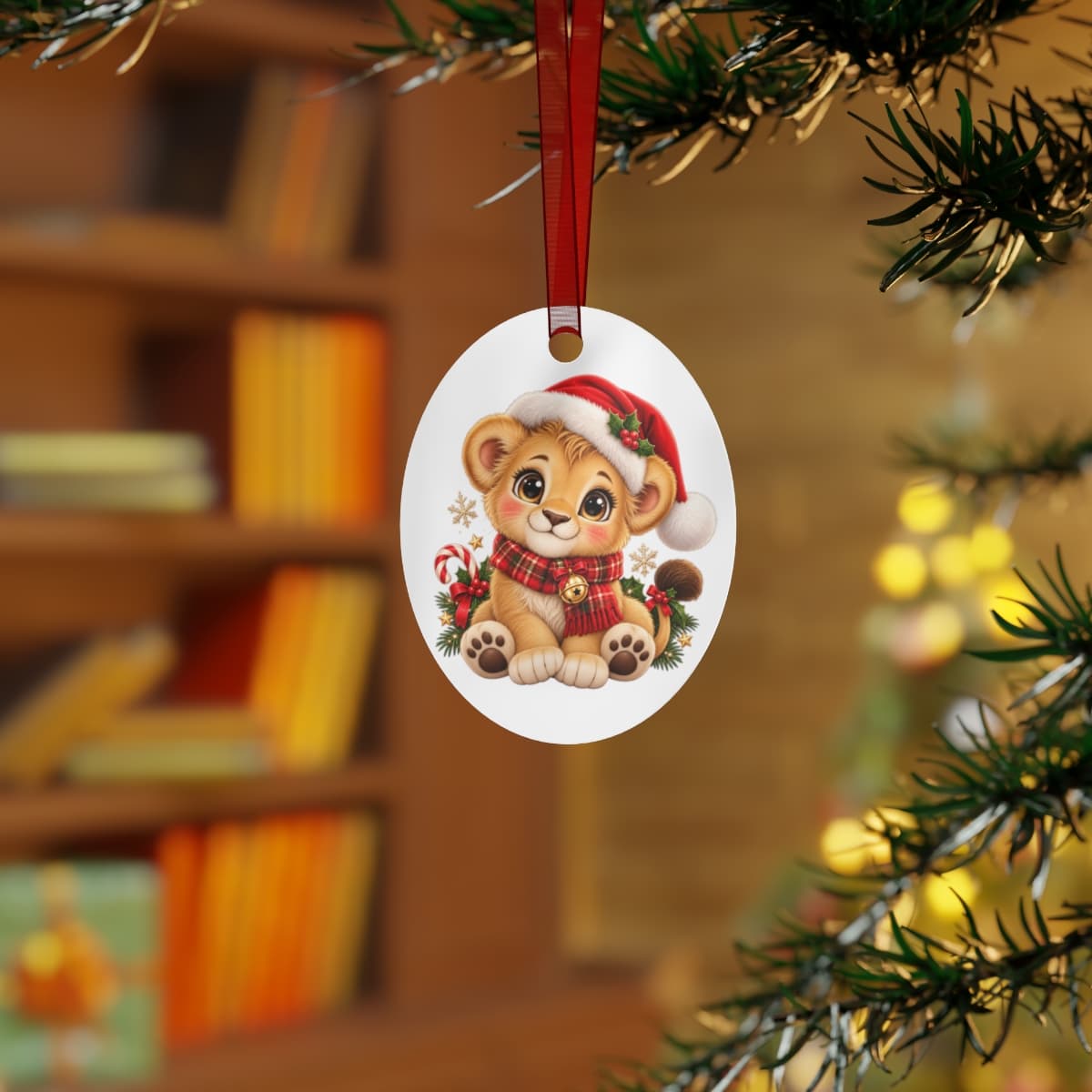 Santa Lion Cub & Penguin — Double-Sided Metal Ornament