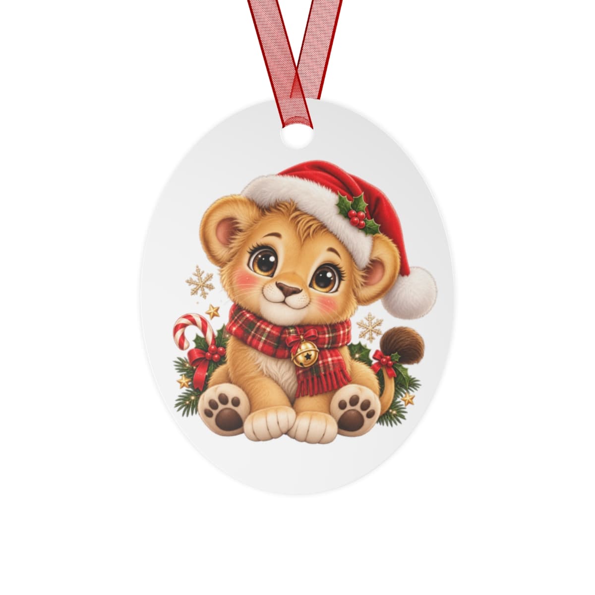 Santa Lion Cub & Penguin — Double-Sided Metal Ornament